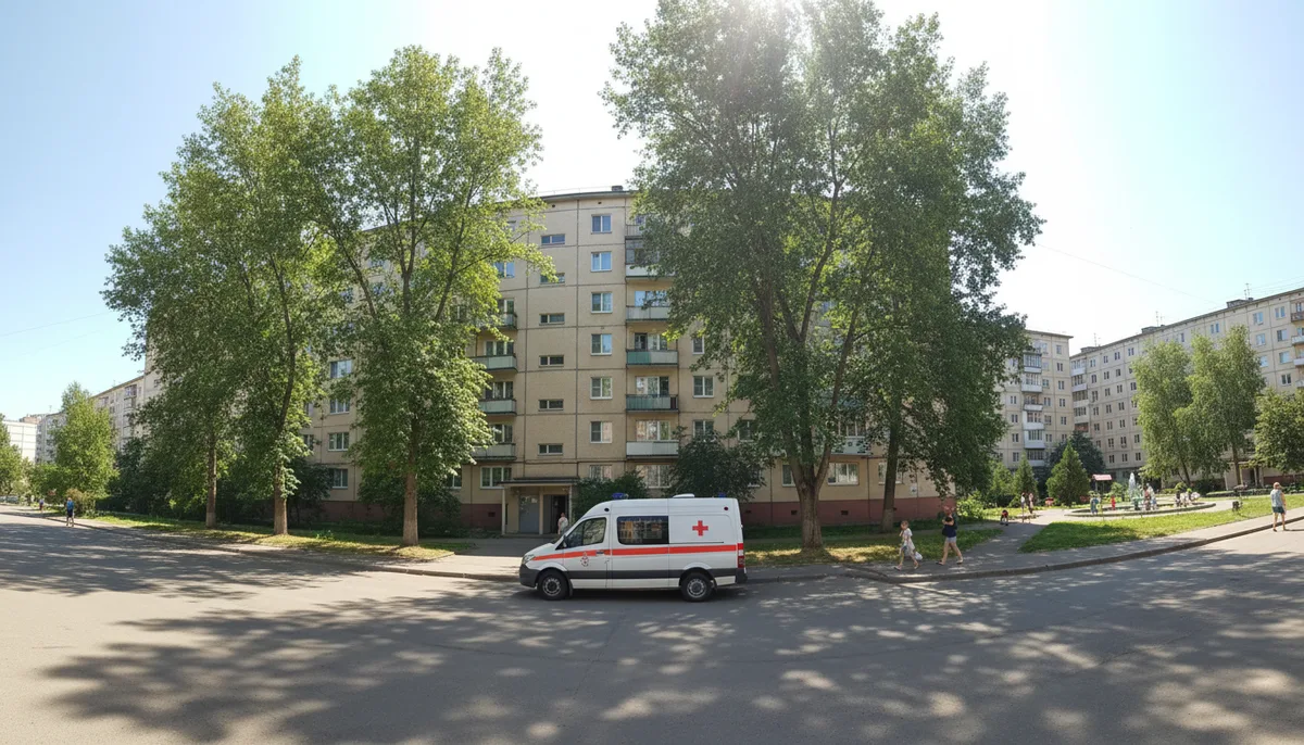 панорама жилого квартала, жаркий летний день, медицинский автомобиль у подъезда, зелёные деревья