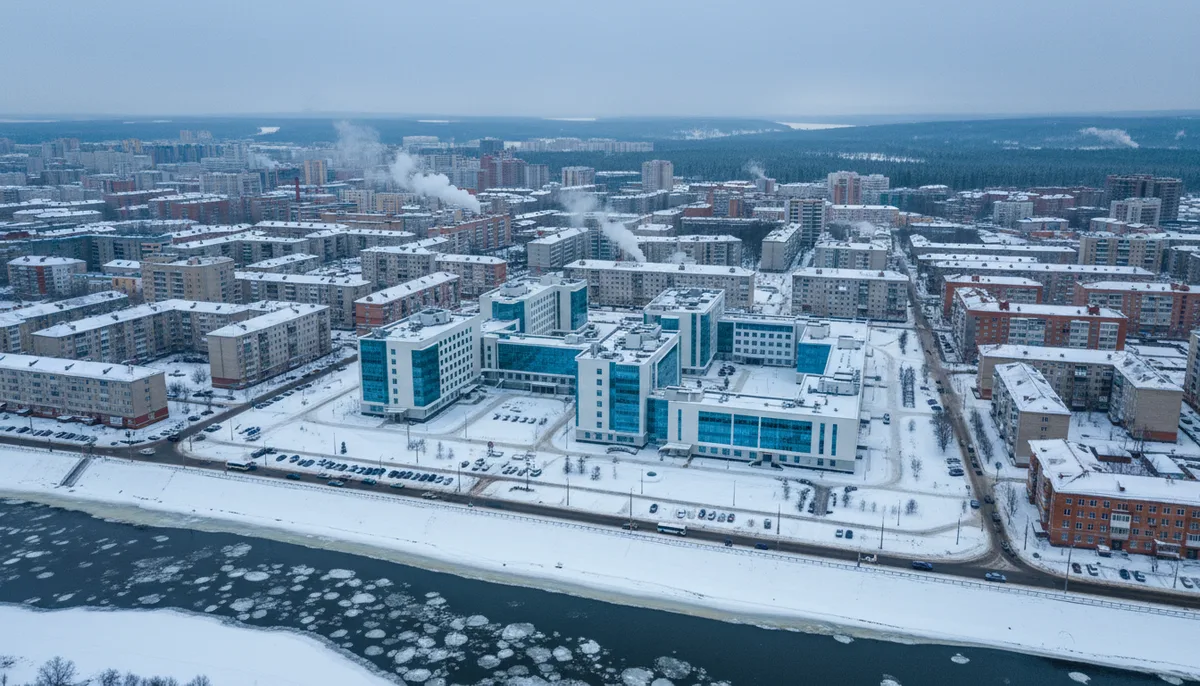 Панорама уральского города, медицинское учреждение, зимний городской пейзаж, многоэтажная застройка